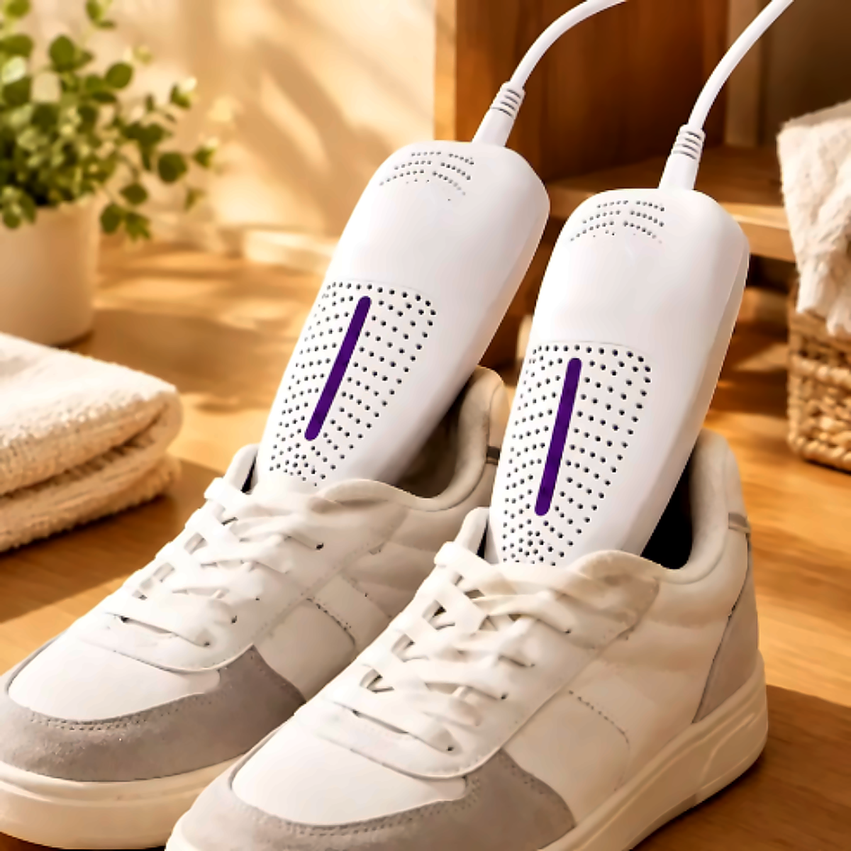 Secador de zapatos colocado dentro de unas zapatillas blancas